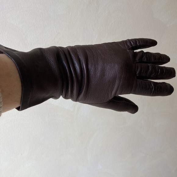 Dark brown leather gloves. Mid-forearm length. Thin silky lining. - Picture 1 of 4